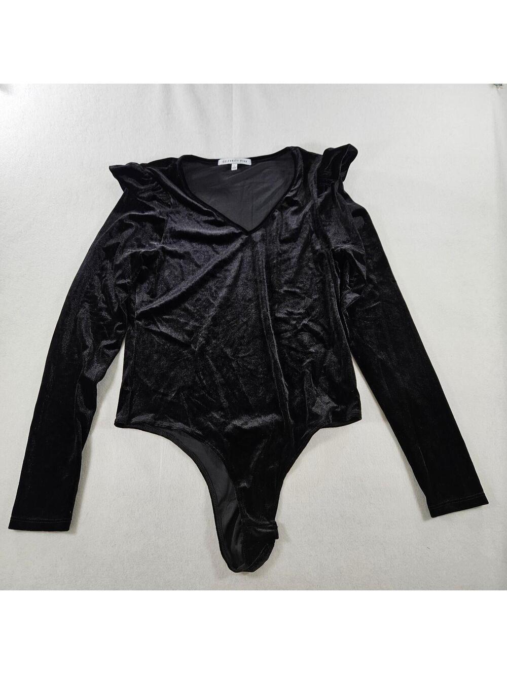 Celebrity Pink Black Velvet Bodysuit Large L V-Neck Ruffle Shoulder Long Sleeve